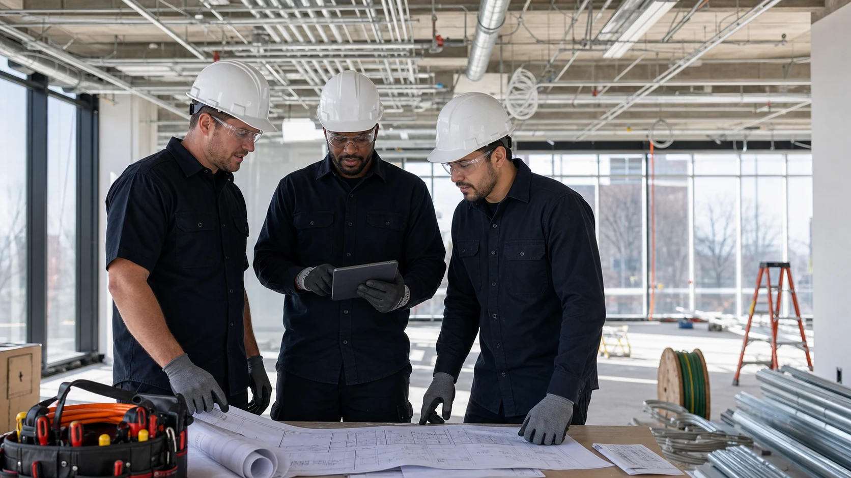Commercial electrical team in a clean project space