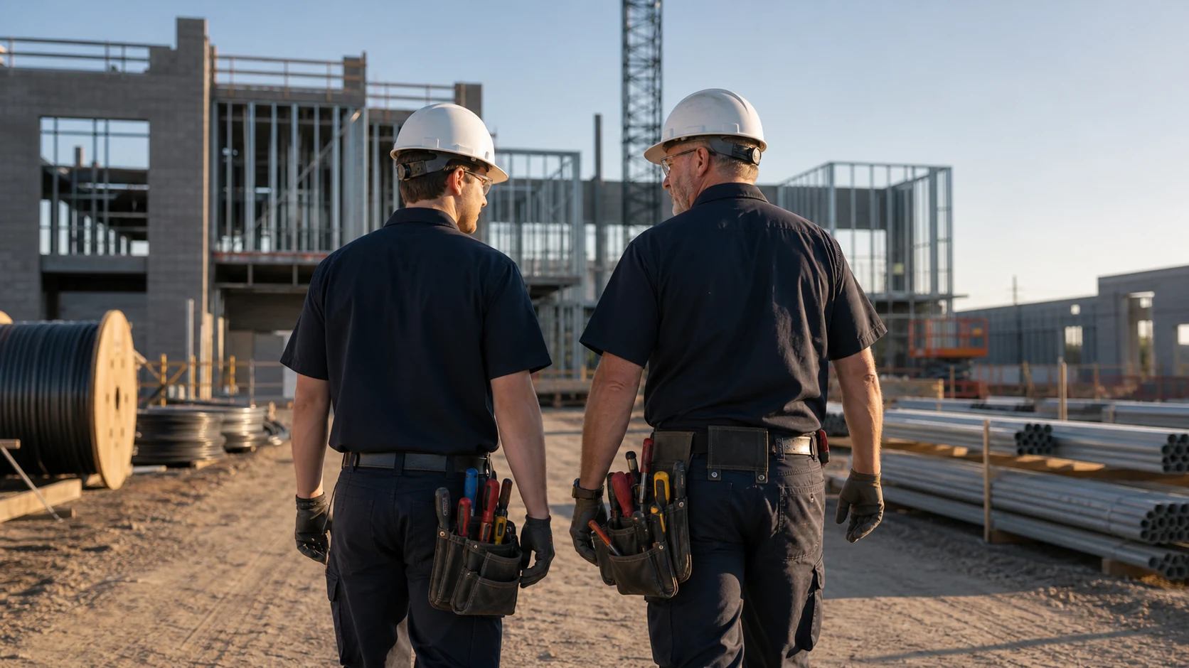 Apprentice and senior electrician walking toward a North Texas jobsite