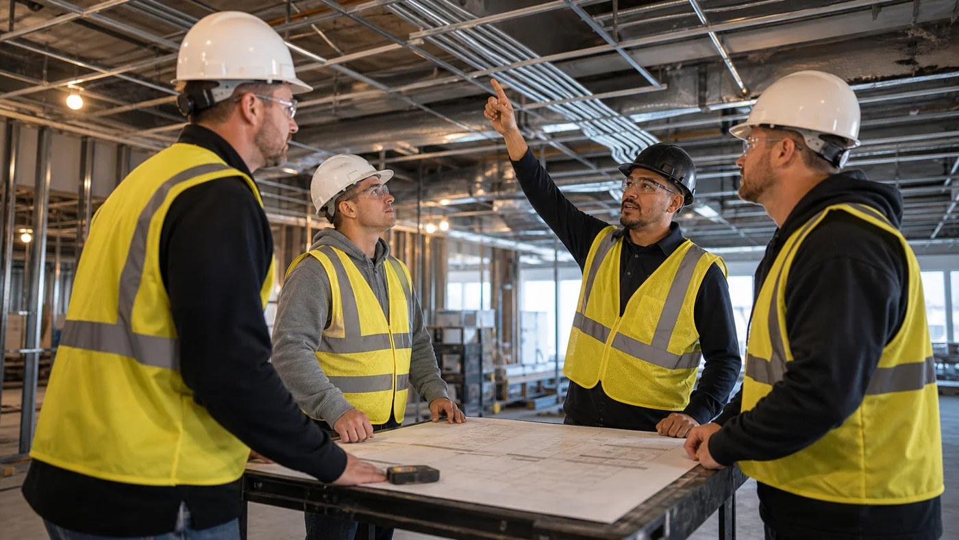 Electrical project team coordinating conduit layout at a commercial build-out