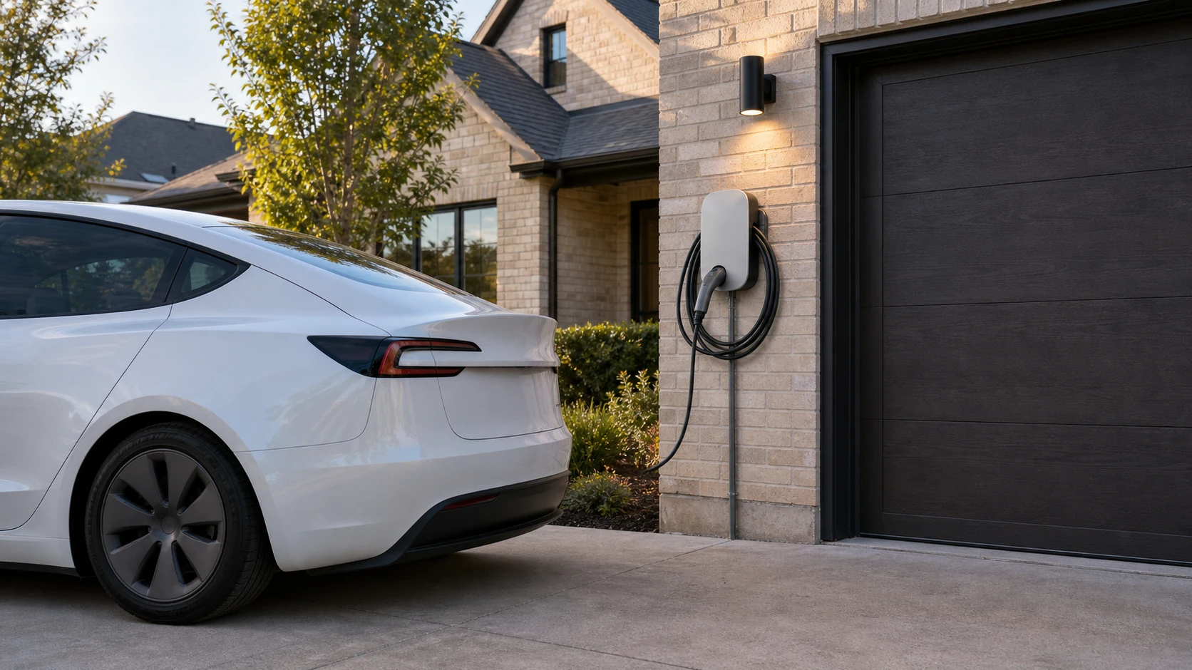 Finished Level 2 EV charger installation on an exterior garage wall