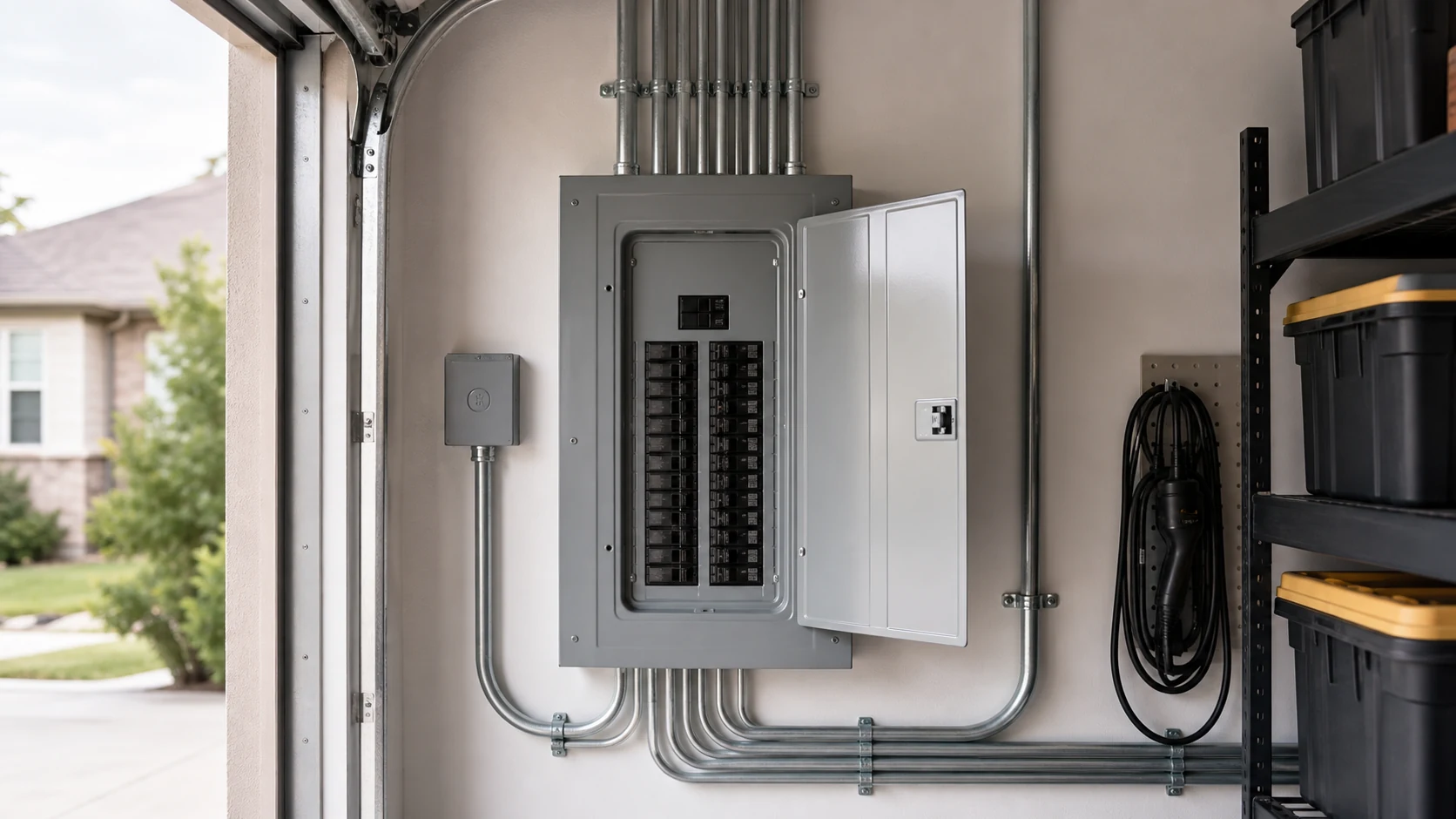 Clean electrical panel installation with neat conduit and organized breakers