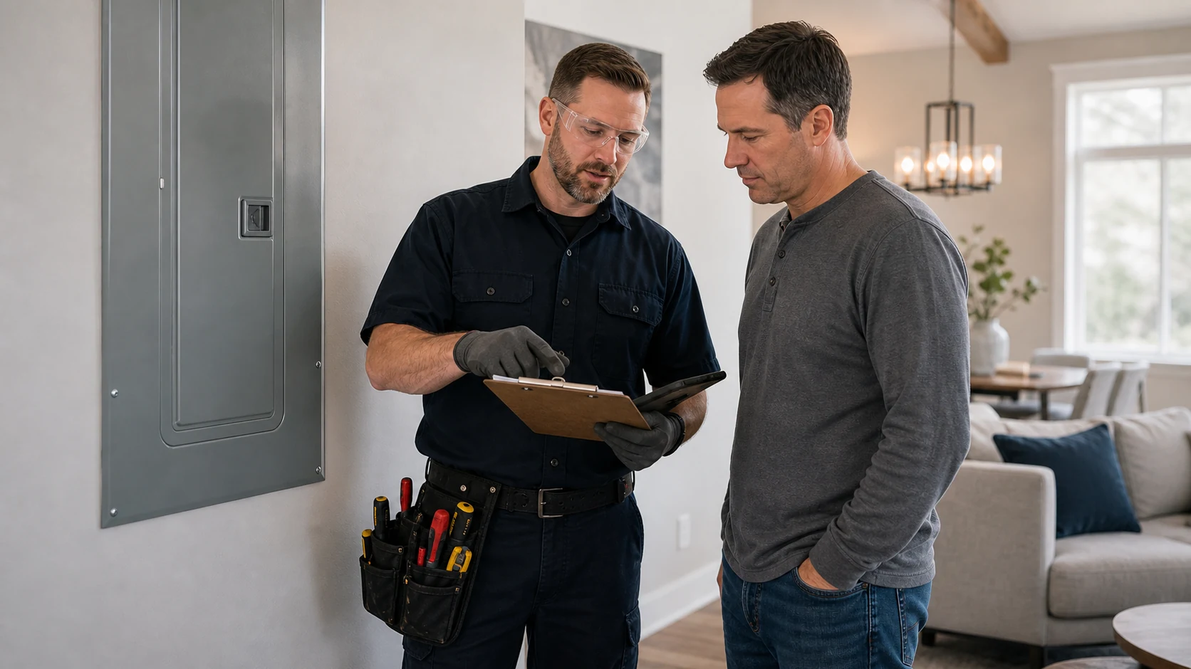 Electrician reviewing inspection notes with a homeowner near a closed electrical panel