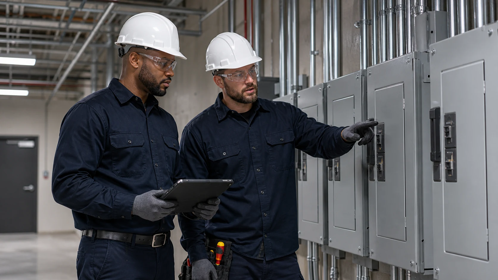 Electricians inspecting a clean commercial electrical room with panels and conduit
