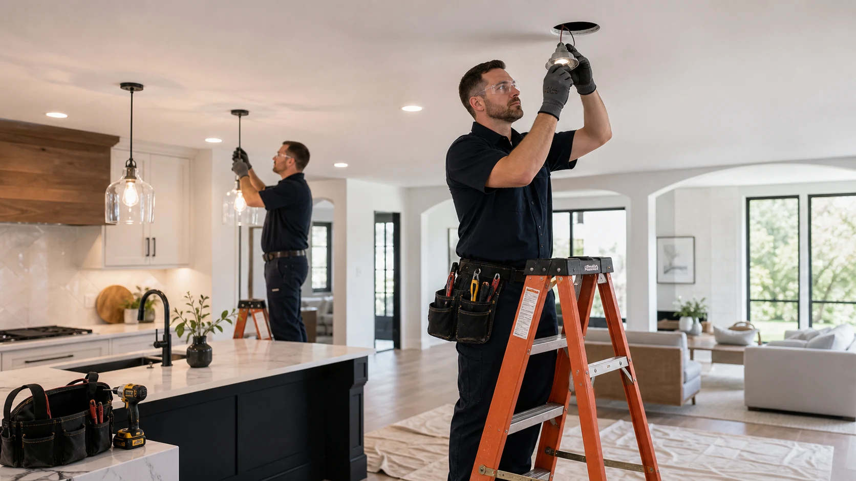 Electricians installing modern lighting in a bright remodeled North Texas home