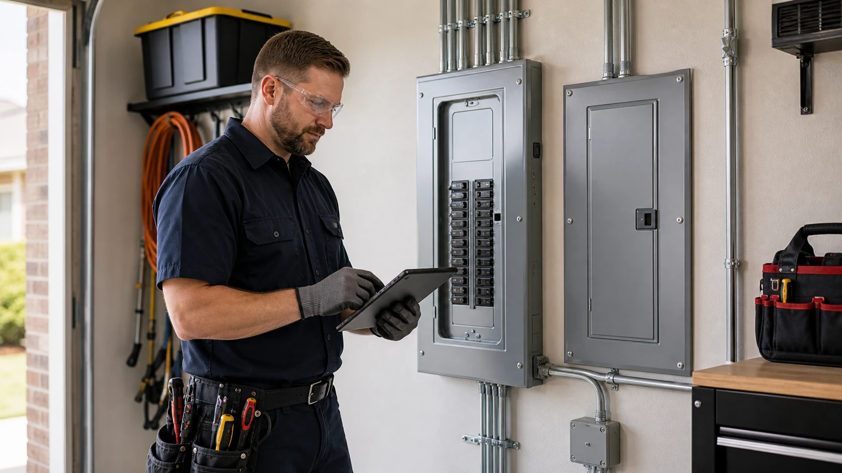 Electrician documenting a clean finished residential electrical panel area
