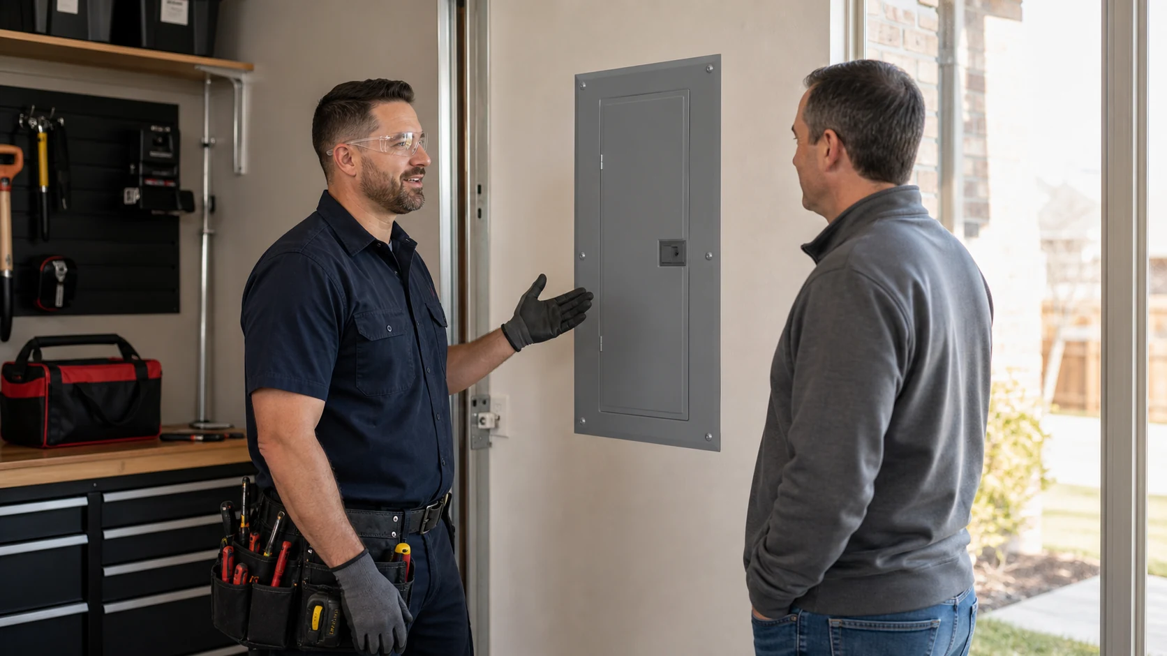 Electrician explaining a residential electrical panel to a homeowner in a clean garage